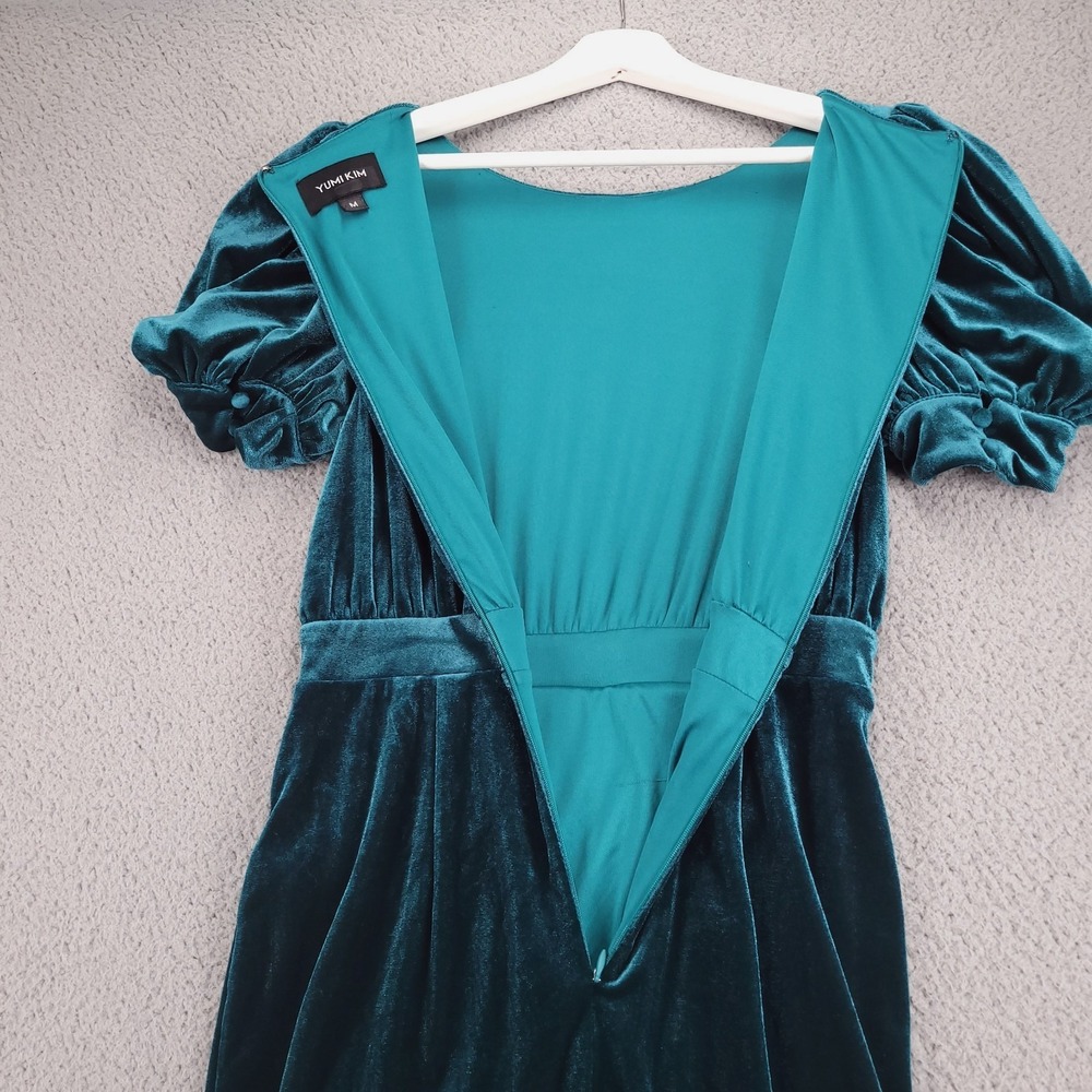 YUMI KIM Dress Size MEDIUM Tamra Midi Jewel Emerald Velvet Puff Sleeve - Picture 16 of 16